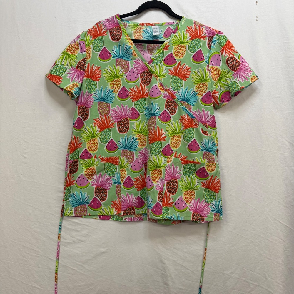 Just Be Pineapple Watermelon Print Scrub Style Sleep Top Green Large NWT